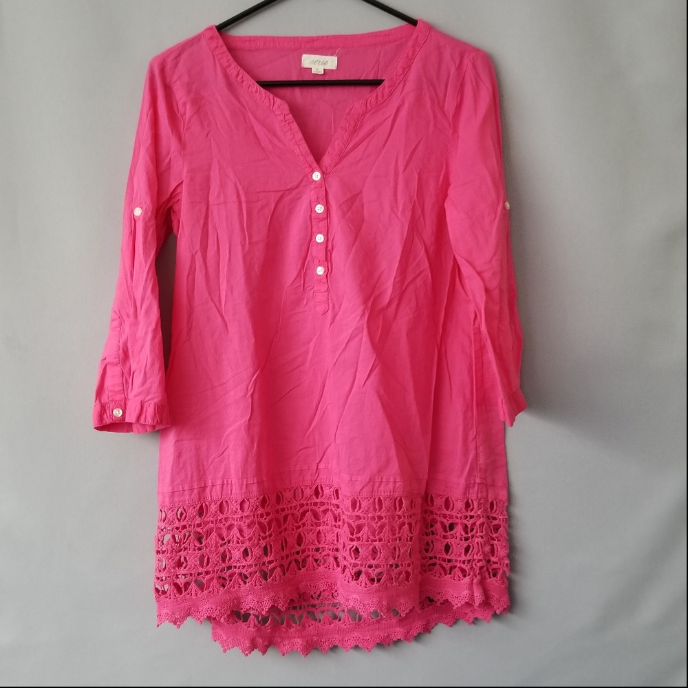X AERIE HALF BUTTON 3/4 SLEEVE CROCHET TRIM BLOUSE